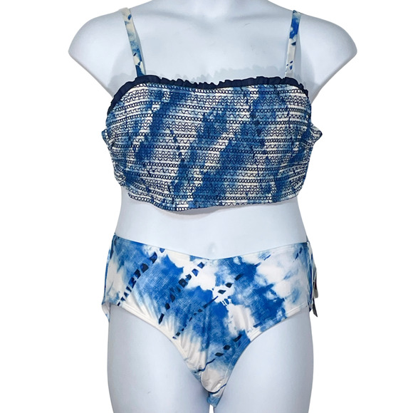 Ibiza Swimwear Bikini Set Plus Sz 1X Smocked Top  V-Cut Bottoms Blue Tie Dye - Picture 1 of 9